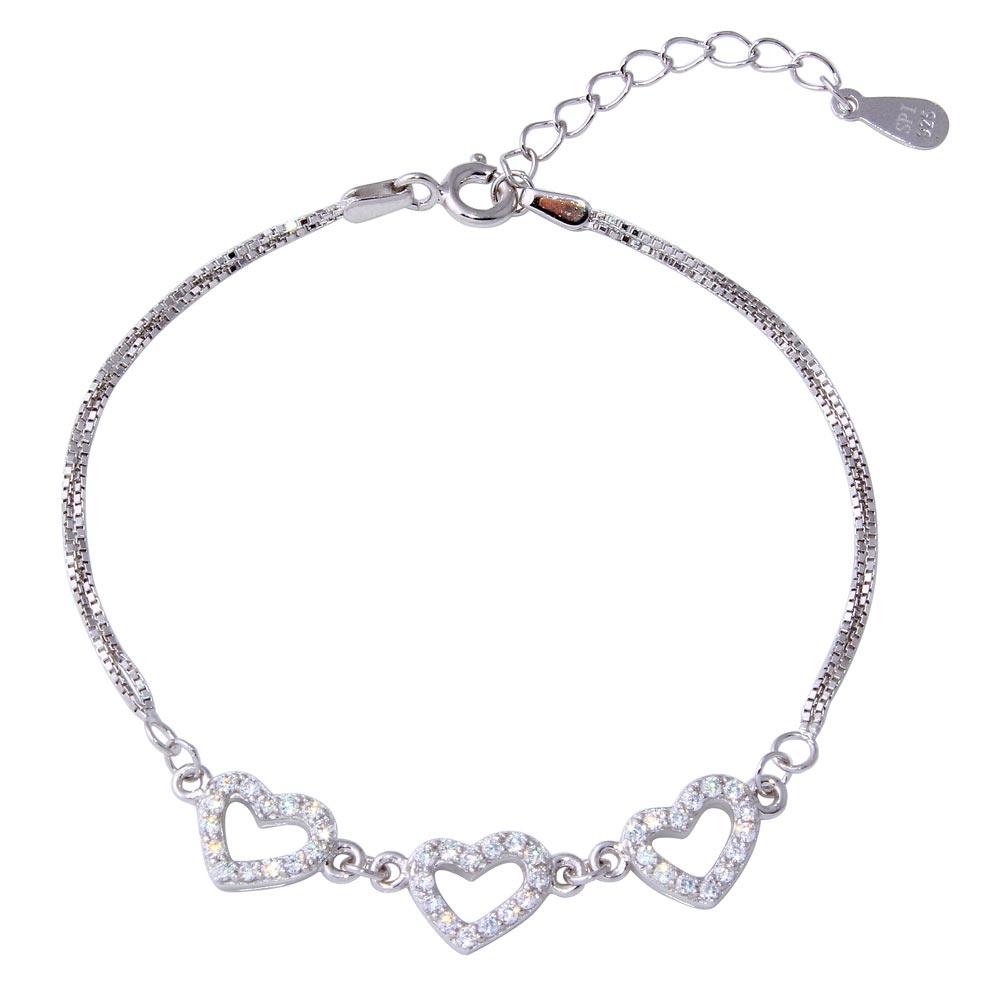 Double Strand Box Bracelet with 3 CZ Hearts 925 Silver