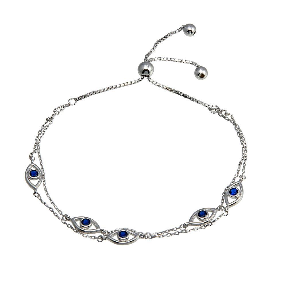 Multi Chain Evil Eye Blue CZ Lariat Bracelet 925 Silver