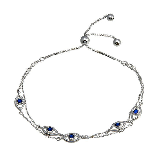 Multi Chain Evil Eye Blue CZ Lariat Bracelet 925 Silver