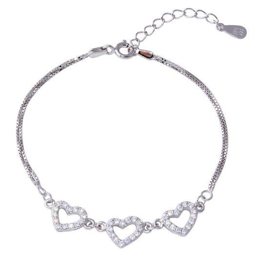 Double Strand Box Bracelet with 3 CZ Hearts 925 Silver