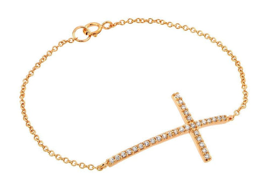 Rose Gold Sideways Cross CZ Bracelet 925 Silver